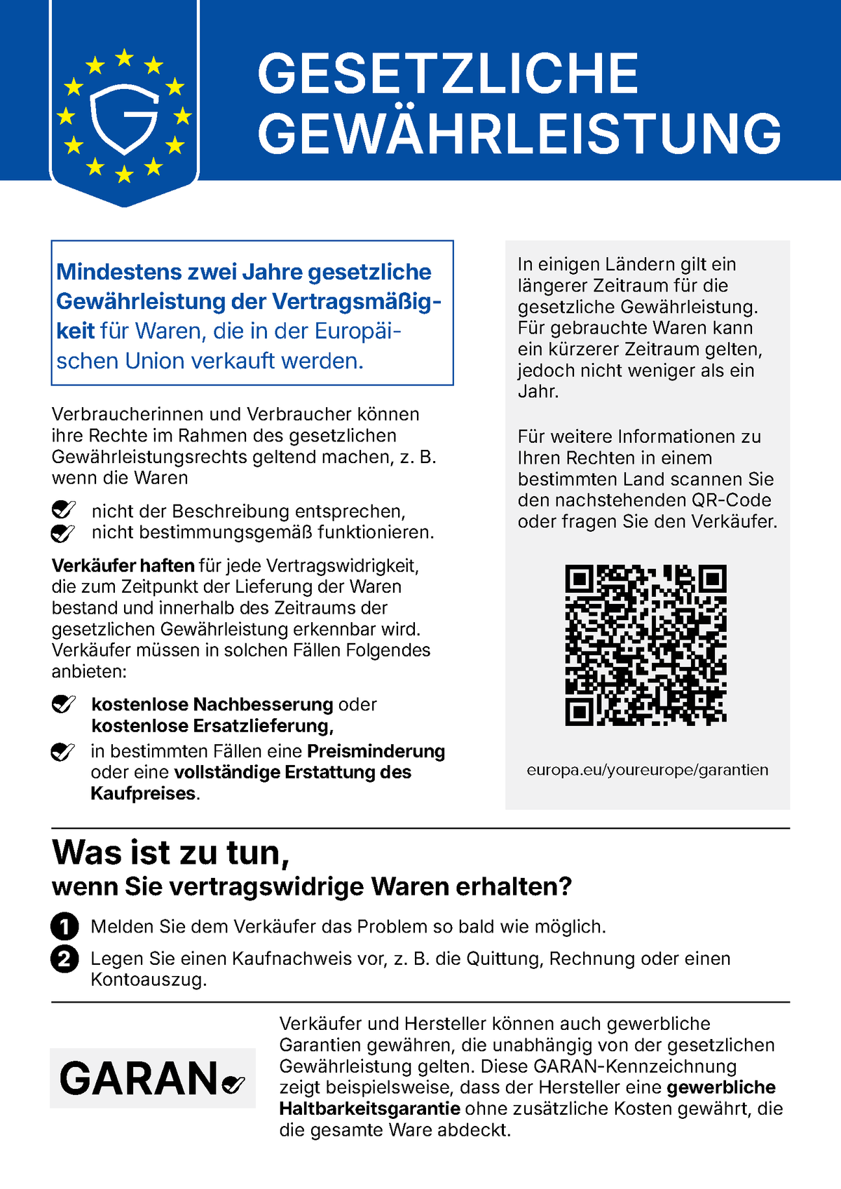 Hinweis zur gesetzlichen Gewährleistung: mindestens 2 Jahre